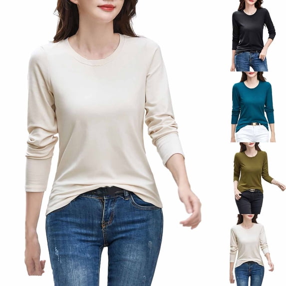 HVOBTTY Women's Long Sleeved Pullover T Shirts, Fall Tops for Women, Women's Soft Solid Color Round Neck Long Sleeve Base Layer Top Blue, L
