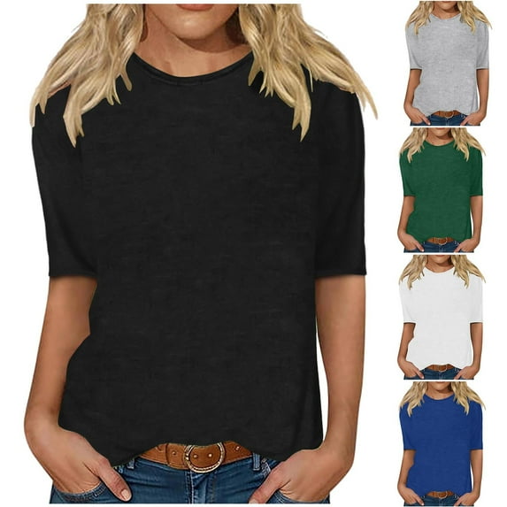 Fall Saving! HVOBTTY Women's Long Sleeved Pullover T Shirts, Fall Tops for Women, Women's Solid Color Crew Neck Loose Middle Sleeve T Shirt Black, XL