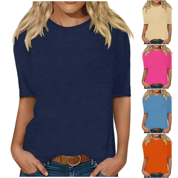 HVOBTTY Women's Long Sleeved Pullover T Shirts, Fall Tops for Women, Women's Solid Color Crew Neck Loose Middle Sleeve T Shirt Khaki, XL