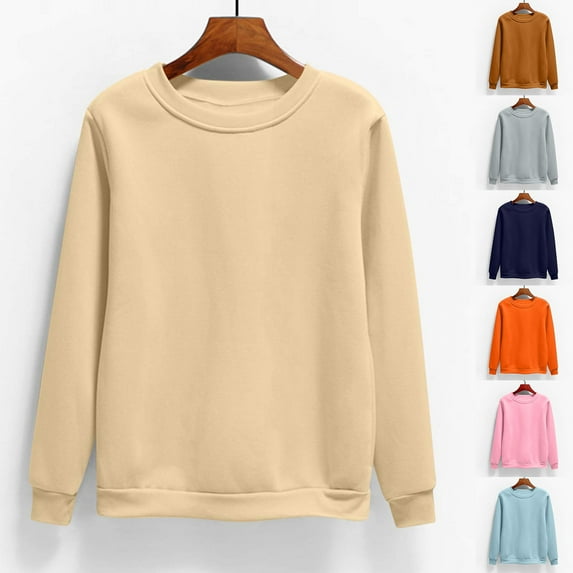HVOBTTY Women's Long Sleeved Sweatshirts, Fall Tops for Women Plus Size, Women's Casual Fashion Solid Color Crew Neck Pullover Sweatshirt Beige, XXL