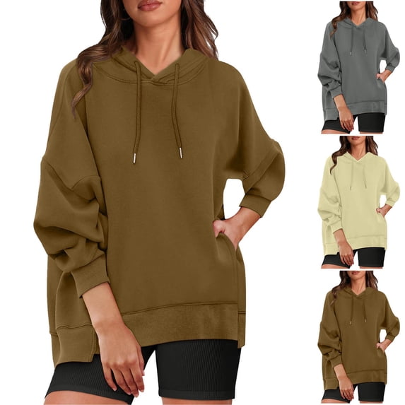 HVOBTTY Women's Long Sleeved Sweatshirts, Fall Tops for Women, Women's Comfortable Solid Color Crew Neck Loose Hooded Sweatshirt Brown, M