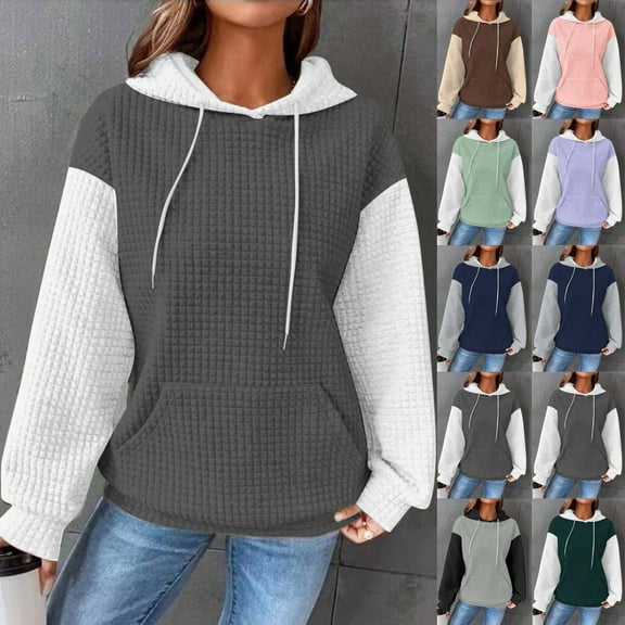 HVOBTTY Women's Long Sleeved Sweatshirts, Fall Tops for Women, Women's Casual Color Block Hooded Sweatshirt with Pocket Green, M