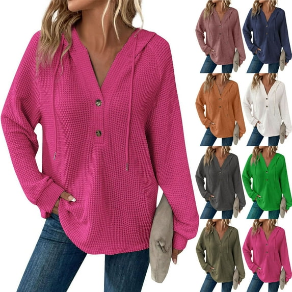 HVOBTTY Women's Long Sleeved Sweatshirts, Fall Tops for Women, Women's Casual Solid Color Hooded Button Long Sleeve Sweatshirt Navy, L