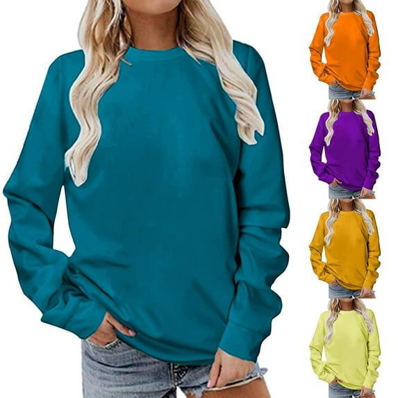 HVOBTTY Women's Long Sleeved Sweatshirts, Fall and Winter Tops for Women Plus Size, Women's Casual Solid Color Crew Neck Regular Fitting Loose Sport Pullover Sweatshirt Purple, Purple A