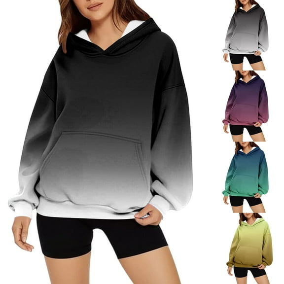 Fall Saving! HVOBTTY Women's Long Sleeved Sweatshirts, Fall and Winter Tops for Women, Women's Casual Gradient Print Long Sleeve Loose Fitting Hooded Sweatshirt with Pocket Green, Green