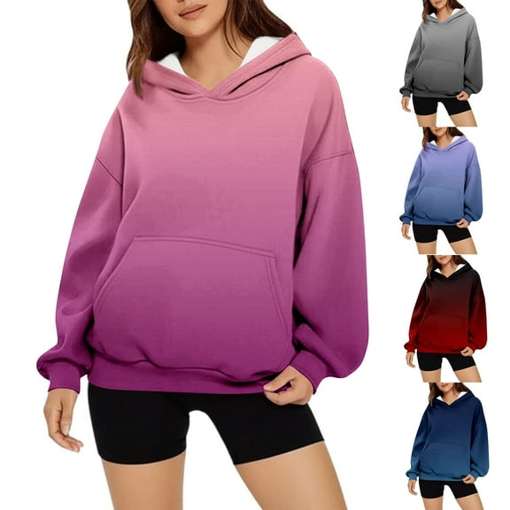 HVOBTTY Women's Long Sleeved Sweatshirts, Fall and Winter Tops for Women, Women's Casual Gradient Print Long Sleeve Loose Fitting Hooded Sweatshirt with Pocket Hot Pink, Hot Pink