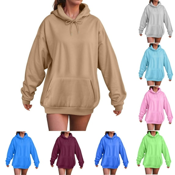 HVOBTTY Women's Long Sleeved Sweatshirts, Fall and Winter Tops for Women, Women's Casual Soft Solid Color Versatile Hooded Long Sweatshirt with Pocket Pink, Pink