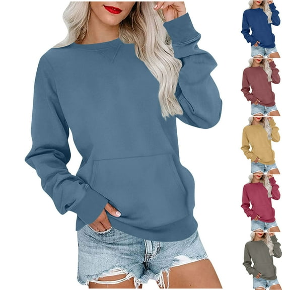 Fall Saving! HVOBTTY Women's Long Sleeved Sweatshirts, Fall and Winter Tops for Women, Women's Casual Solid Color Crew Neck Long Sleeve Loose Fitting Pocket Sweatshirt Hot Pink, Hot Pink