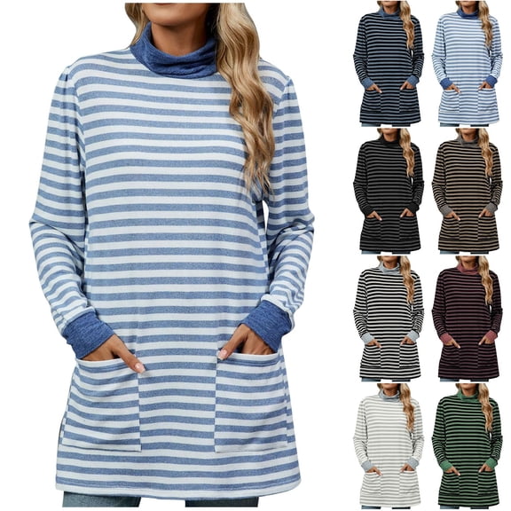 Fall Saving! HVOBTTY Women's Long Sleeved T Shirt, Fall Tops for Women, Women's Casual Fashion Striped Color Block Loose Pocket High Neck Long Sleeve T Shirt Green, XXL