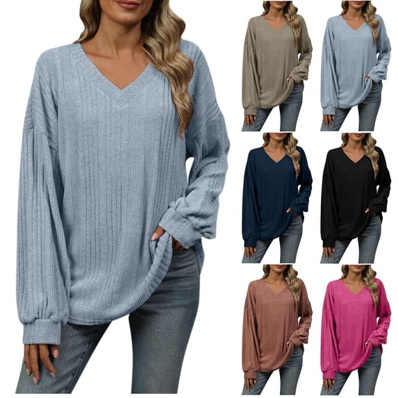 HVOBTTY Women's Long Sleeved T Shirt, Fall Tops for Women, Women's Casual Fashionable Solid Color V Neck Loose Long Sleeve T Shirt Light Blue, M