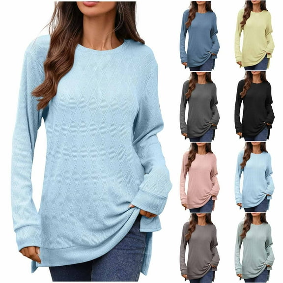 HVOBTTY Women's Long Sleeved T Shirt, Fall Tops for Women, Women's Fashionable Solid Color Crew Neck Loose Split Pullover T Shirt Pink, M