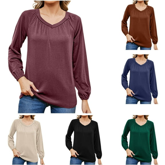 HVOBTTY Women's Long Sleeved T Shirt, Fall Tops for Women, Women's Casual Soft Solid Color V Neck Loose Long Sleeve Tops Navy, S