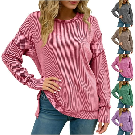 HVOBTTY Women's Long Sleeved T Shirt, Fall Tops for Women, Women's Casual Stripe Split Long Sleeve Loose Sports Shirt Top Khaki, M