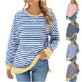 thumbnail image 1 of HVOBTTY Women's Long Sleeved T Shirt, Fall Tops for Women, Women's Fashion Casual Crew Neck Loose Striped Color Block Tee Shirt Navy, S, 1 of 5