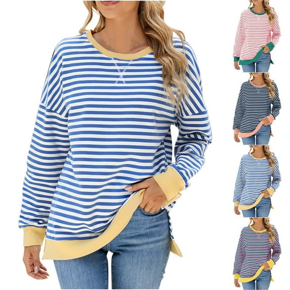 HVOBTTY Women's Long Sleeved T Shirt, Fall Tops for Women, Women's Fashion Casual Crew Neck Loose Striped Color Block Tee Shirt Navy, S