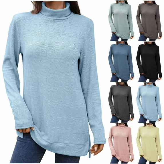 HVOBTTY Women's Long Sleeved T Shirt, Fall Tops for Women, Women's Fashionable Solid Color High Neck Loose Split Pullover Top Pink, S