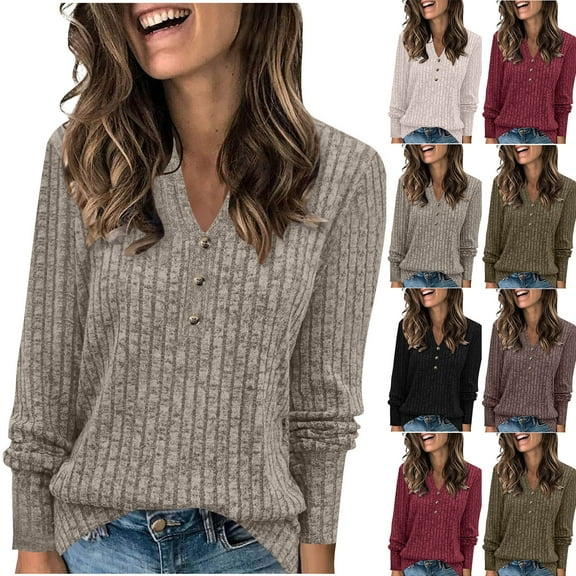 HVOBTTY Women's Long Sleeved T Shirt, Fall and Winter Tops for Women, Women's Casual Fashion Loose Solid Color Long Sleeve V Neck Lightweight Pullover Top Beige, Beige