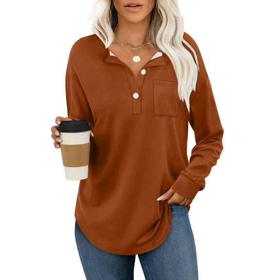 Fall Saving! HVOBTTY Women's Long Sleeved T Shirt, Fall and Winter Tops for Women, Women's Casual Fashion Solid Color Long Sleeve V Neck Button Down Pullover Top Orange, Orange