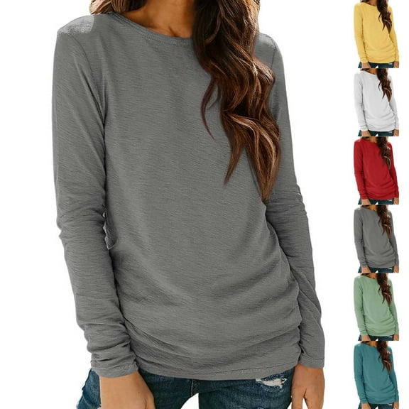 HVOBTTY Women's Long Sleeved T Shirt, Fall and Winter Tops for Women, Women's Casual Solid Color Crew Neck Long Sleeve Drop Shoulder Layering Pullover Top Gray, Gray