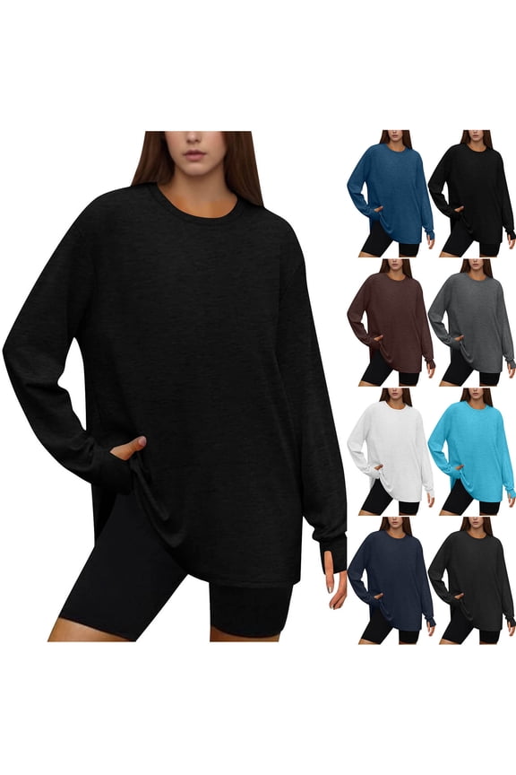 Women's Long Sleeved T Shirt, Fall and Winter Tops for Women, Women's Casual Solid Color Crew Neck Long Sleeve Thumb Hole Drop Shoulder Athletic Top Blue, Blue