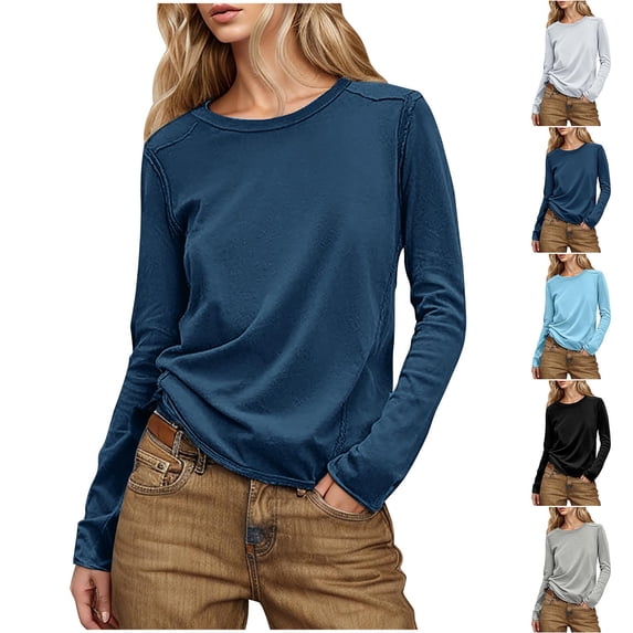 HVOBTTY Women's Long Sleeved T Shirt, Fall and Winter Tops for Women, Women's Casual Solid Color Long Sleeve Crew Neck Base Layering Pullover Top Navy, Navy