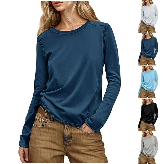 HVOBTTY Women's Long Sleeved T Shirt, Fall and Winter Tops for Women, Women's Casual Solid Color Long Sleeve Crew Neck Base Layering Pullover Top White, White