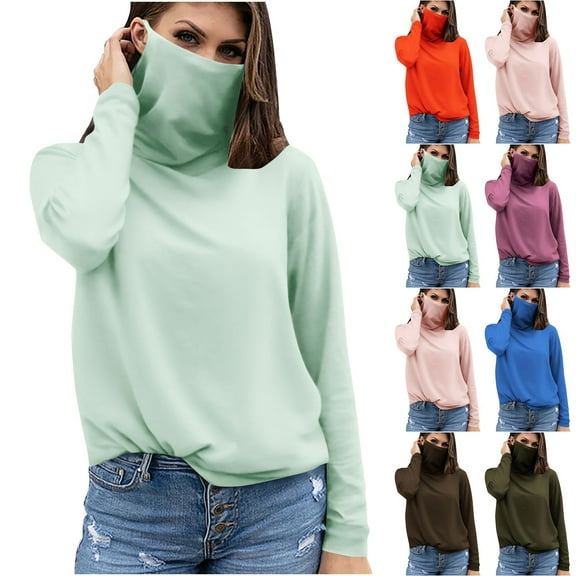 HVOBTTY Women's Long Sleeved T Shirt, Fall and Winter Tops for Women, Women's Casual Solid Color Long Sleeve Face Covering Sun Protection Everyday Wear Top Mint Green, Mint Green