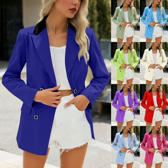 Fall Saving! HVOBTTY Women's Mid Length Blazer, Fall Coat for Women, Women's Fashion Contrast Color Lapel Long Sleeve Double Pocket Buton Suit Jacket Light Blue, XXL