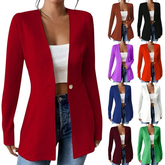 Fall Saving! HVOBTTY Women's Mid Length Blazer, Fall Coat for Women, Women's Fashion Long Sleeve V Neck Blazer for Everyday Wear White, L