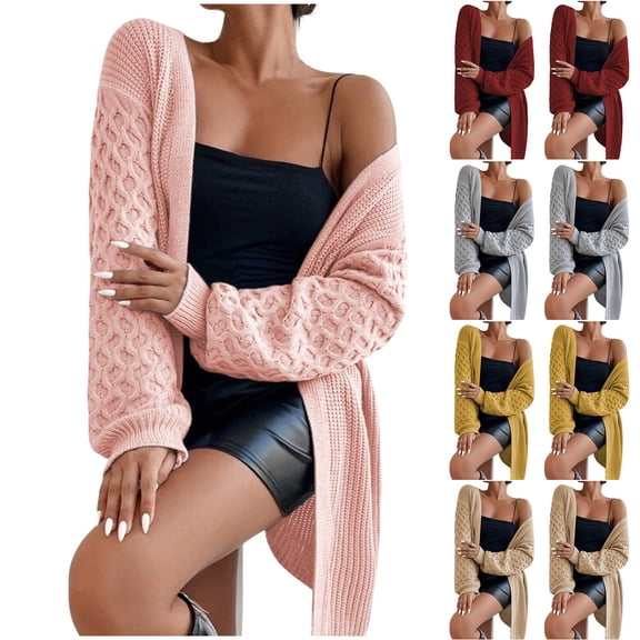 Fall Saving! HVOBTTY Women's Mid Length Open Front Cardigan, Fall Coat for Women, Women's Fashion Solid Color Long Sleeve Lantern Sleeve Mid Long Cardigan Sweater Wine, S