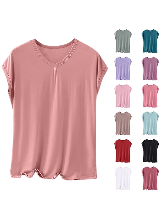 Fall Saving! HVOBTTY Women's Short Sleeve Pajama Top, Pajama Top for Women Plus Size, Women's Fashion Solid Color Round Neck Outer Wear Undershirt Home Short Sleeve Sleepwear Purple, XXXL
