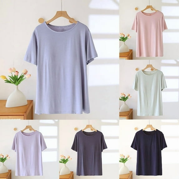 Fall Saving! HVOBTTY Women's Short Sleeve Pajama Top, Pajama Top for Women, Women's Fashion Solid Color Short Sleeve Loungewear and Layering Top with Chest Pad Blue, XL