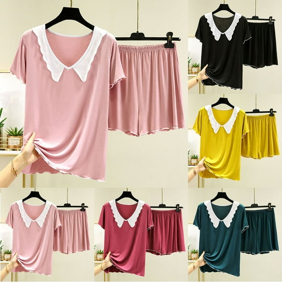 HVOBTTY Women's Short Sleeve and Short Pants Pajama Sets, Pajama Sets for Women, Women's Casual Solid Color V Neck Short Sleeve Top and Shorts Two Piece Homewear Pajama Sets Red, XXL