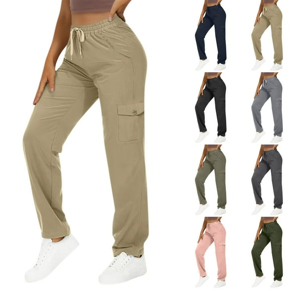 HVOBTTY Women's Straight Leg Cargo Pants, Fall Pants for Women, Women's Casual Solid Color Loose Belted Pockets Athletic Cargo Pants Black, M