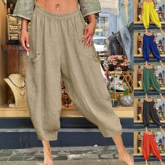 HVOBTTY Women's Straight Leg Joggers, Fall Pants for Women, Women's Casual Solid Color Elastic Waist Loose Lantern Wide Leg Pants with Pocket Yellow, L