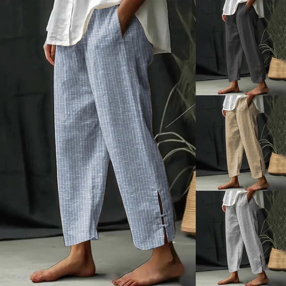 HVOBTTY Women's Fall Straight Leg Long Trousers Striped Printed Bottoms with Convenient Side Storage Pockets Pants