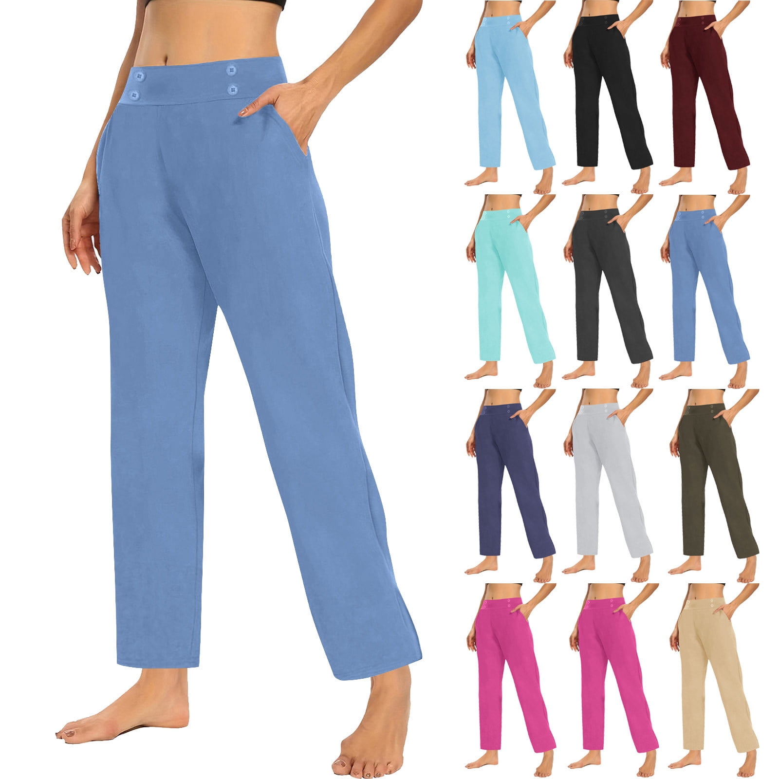 Active Basic Women's Fold Over Waist Yoga Pants - Low Rise Cotton Blend Long Pants (Navy, 2XL) - View #6