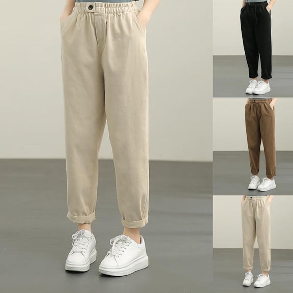 Fall Saving! HVOBTTY Women's Straight Leg Trousers, Fall Pants for Women Plus Size, Women's Casual Solid Color Belted Pockets Elastic Waist Straight Leg Pants Beige, XXL