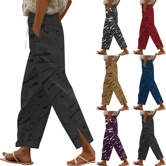 HVOBTTY Women's Straight Leg Trousers, Fall Pants for Women, Women's Casual Solid Color Loose Straight Leg Drawstring Linen Side Slits Long Pants with Pockets Gray,M