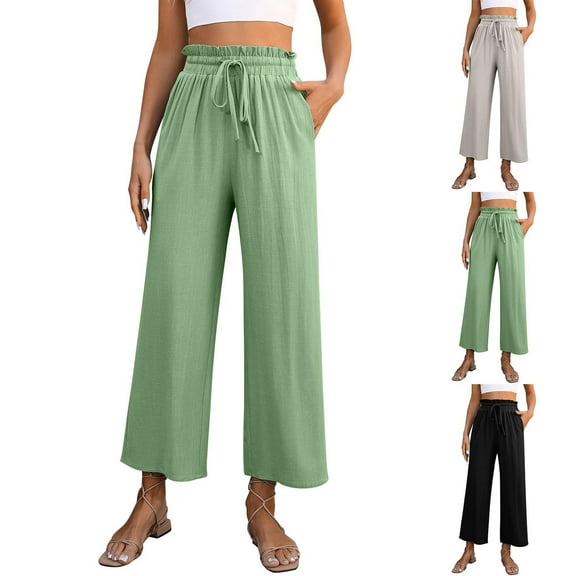 Fall Saving! HVOBTTY Women's Straight Leg Trousers, Fall Pants for Women, Women's Casual Solid Color Loose High Waisted Wide Leg Pants Green, S