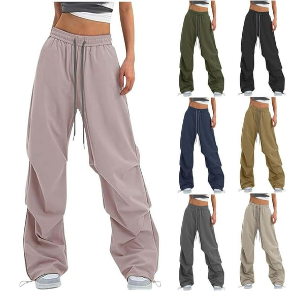 HVOBTTY Women's Straight Leg Wide Leg Pants, Fall Pants for Women, Women's Casual Elastic Drawstring Waist Loose Wide Leg Athletic Pants Khaki, S