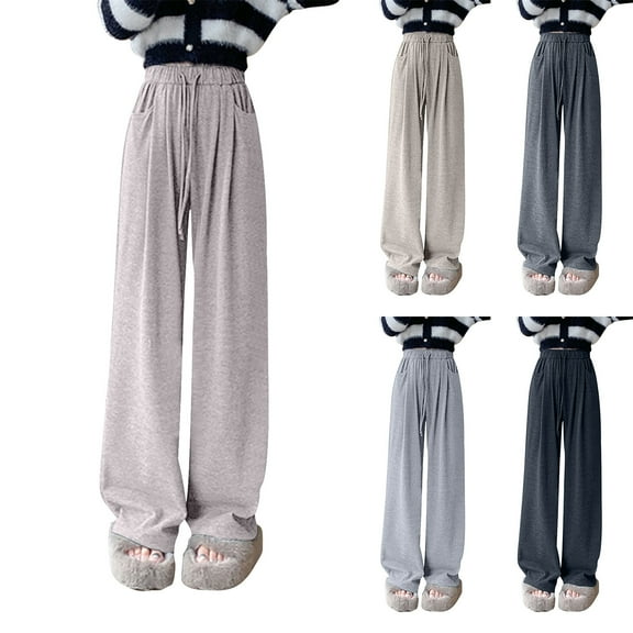 HVOBTTY Women's Straight Leg Wide Leg Pants, Fall Pants for Women, Women's Casual Soft Solid Color Knit Athletic Loose Wide Leg Pants Beige, S