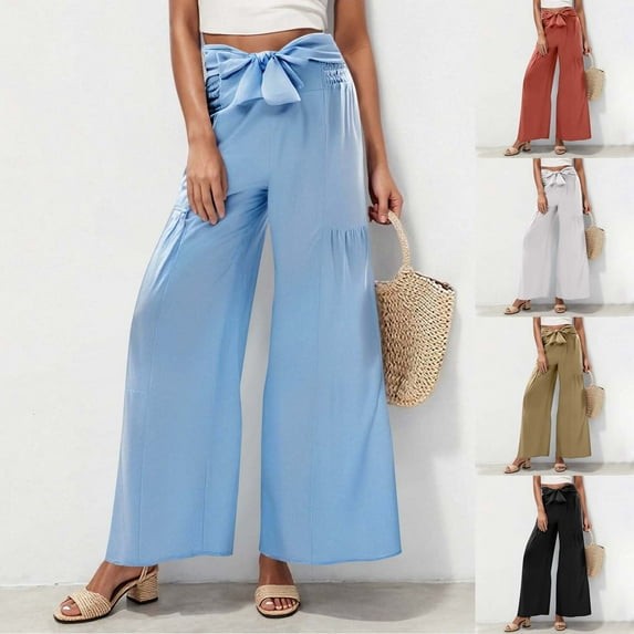 HVOBTTY Women's Wide Leg Pants, Fall Pants for Women, Women's Casual Solid Color Wide Leg Athletic Tie Waist Loose Pants Khaki, L