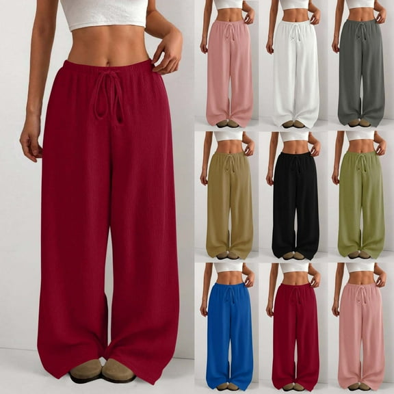 Fall Saving! HVOBTTY Women's Wide Leg Trousers, Fall Pants for Women, Women's Casual Solid Color Drawstring Elastic High Waisted Tree Bark Hem Pocketed Long Pants Khaki,L