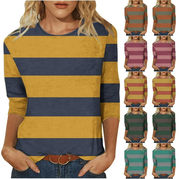 HVOBTTY Womens 3/4 Sleeves Pullover T Shirt, Fall Tops for Women, Women's Casual 3/4 Sleeve Patchwork Print Crew Neck Go Out T Shirt Pink, S