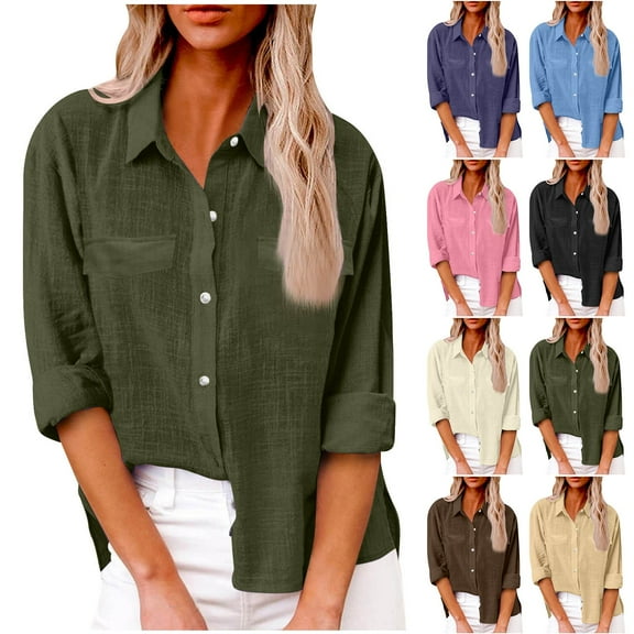 HVOBTTY Womens Long Sleeve Button Down Shirt, Fall Tops for Women, Women's Fashion Solid Color Collared Mock Pocket Button Down Shirt Brown, M