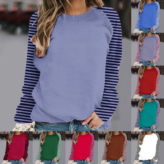 HVOBTTY Womens Long Sleeve Pullover Sweatshirt, Fall Tops for Women, Women's Crew Neck Striped Print Color Block Raglan Sweatshirt Blue, S