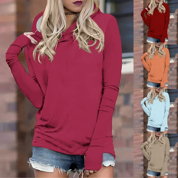 Fall Saving! HVOBTTY Womens Long Sleeve Pullover T Shirt, Fall Tops for Women Plus Size, Women's Casual Solid Color Thumb Hole Hooded T Shirt Light Blue, XXL