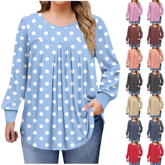 HVOBTTY Womens Long Sleeve Pullover T Shirt, Fall Tops for Women Plus Size, Women's Plus Size Casual Polka Print Crew Neck Loungewear T Shirt Khaki, XXXXL