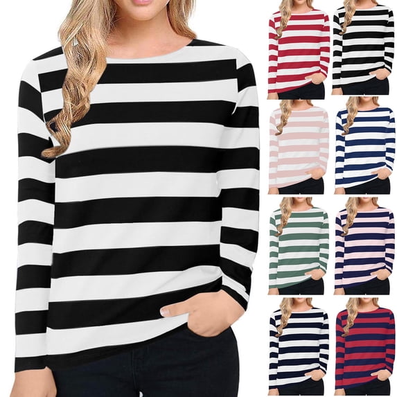 HVOBTTY Womens Long Sleeve Pullover T Shirt, Fall Tops for Women, Women's Casual Crew Neck Striped Print Lightweight Top Watermelon Red, L